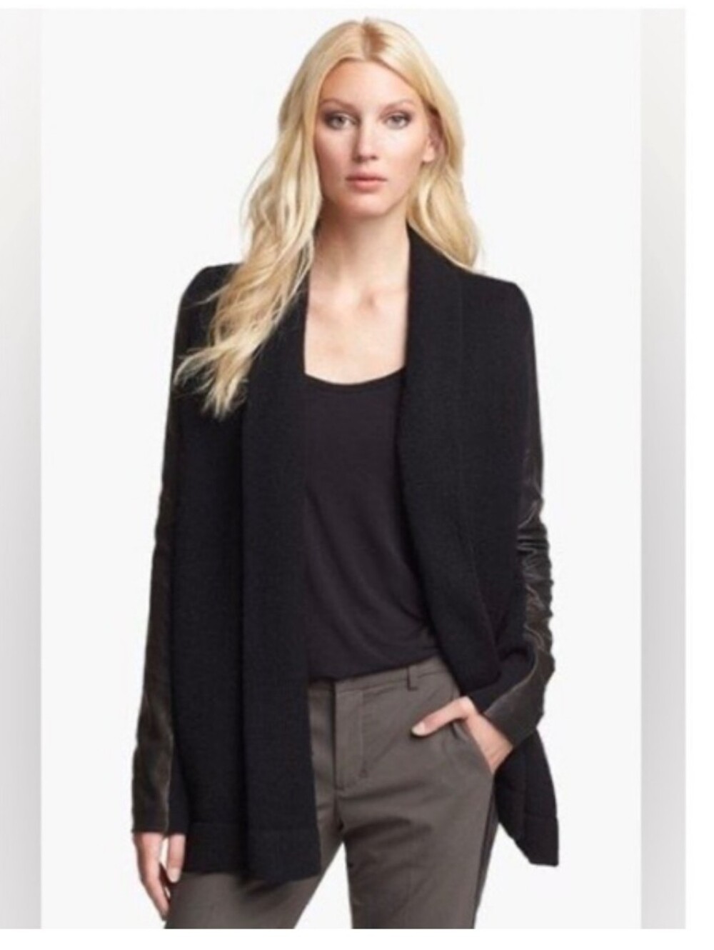 Vince Leather Sleeve Cardigan Sweater